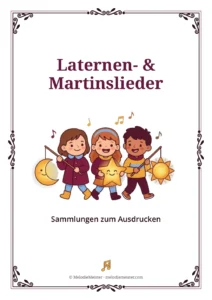 Weißes Blatt mit dunkelrotem Zierrahmen und der Überschrift „Laternen- & Martinslieder“; in der Mitte eine Cartoon-Illustration von drei Kindern in Mänteln, die Laternen in Mond-, Stern- und Sonnenform an Stäben tragen, darüber Notensymbole, darunter die Zeile „Sammlungen zum Ausdrucken“