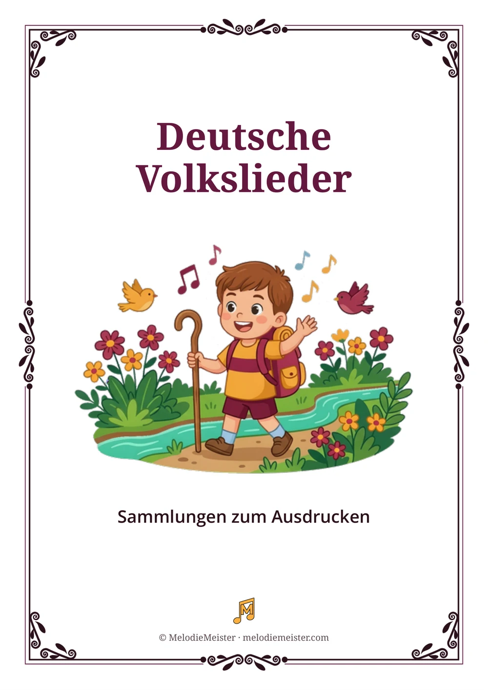 Weißes Blatt mit dunkelrotem Zierrahmen und der Überschrift „Deutsche Volkslieder“; in der Mitte eine Cartoon-Illustration eines fröhlichen Jungen mit Rucksack und Wanderstock, der singend an einem Bach entlangwandert, umgeben von Blumen, zwei Vögeln und Notensymbolen, darunter die Zeile „Sammlungen zum Ausdrucken“