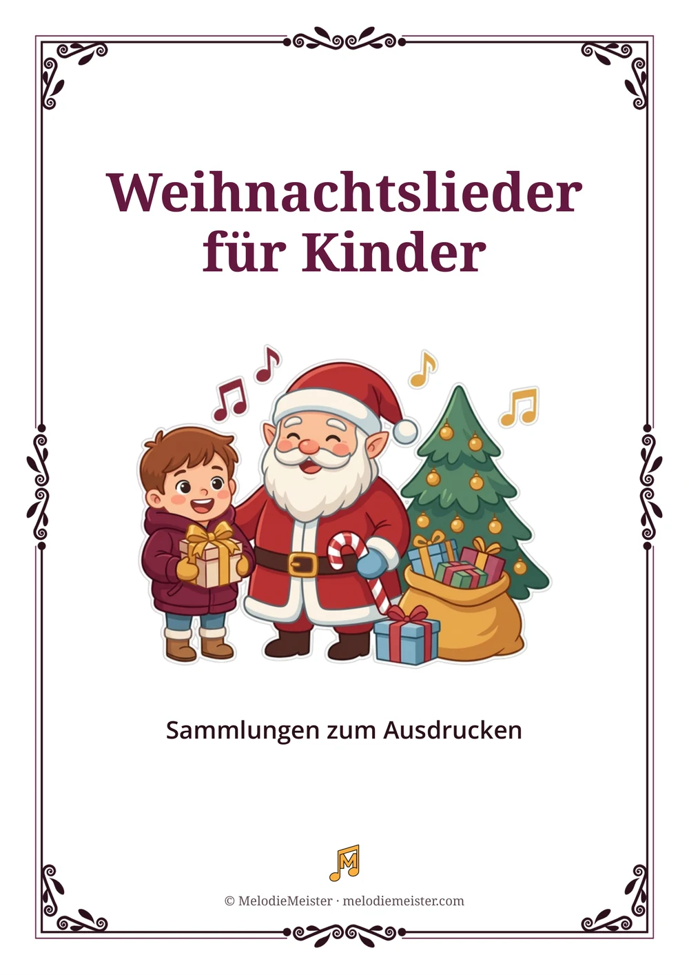 Weißes Blatt mit dunkelrotem Zierrahmen und der Überschrift „Weihnachtslieder für Kinder“; in der Mitte eine Cartoon-Illustration eines Kindes mit Geschenk neben dem lächelnden Weihnachtsmann, daneben ein geschmückter Tannenbaum mit einem Sack voller Geschenke und Notensymbolen, darunter die Zeile „Sammlungen zum Ausdrucken“