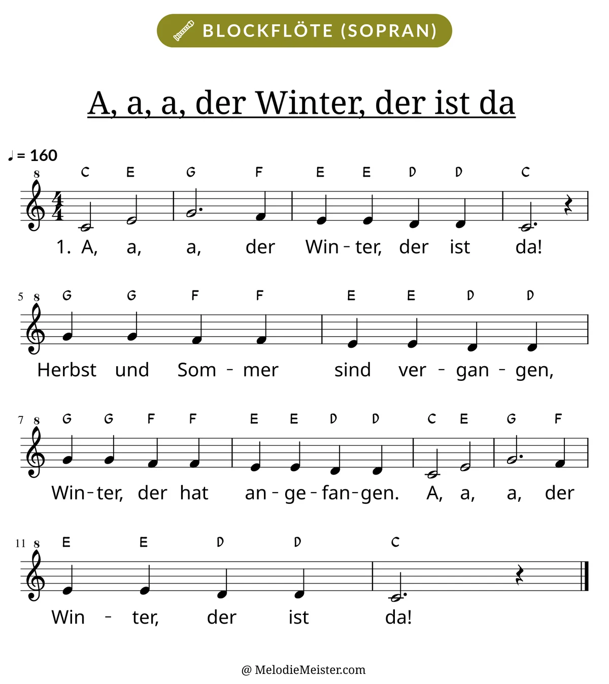 Notenblatt „A, a, a, der Winter, der ist da“ für Blockflöte: Melodie mit Buchstaben über den Noten, darunter der Liedtext der 1. Strophe.