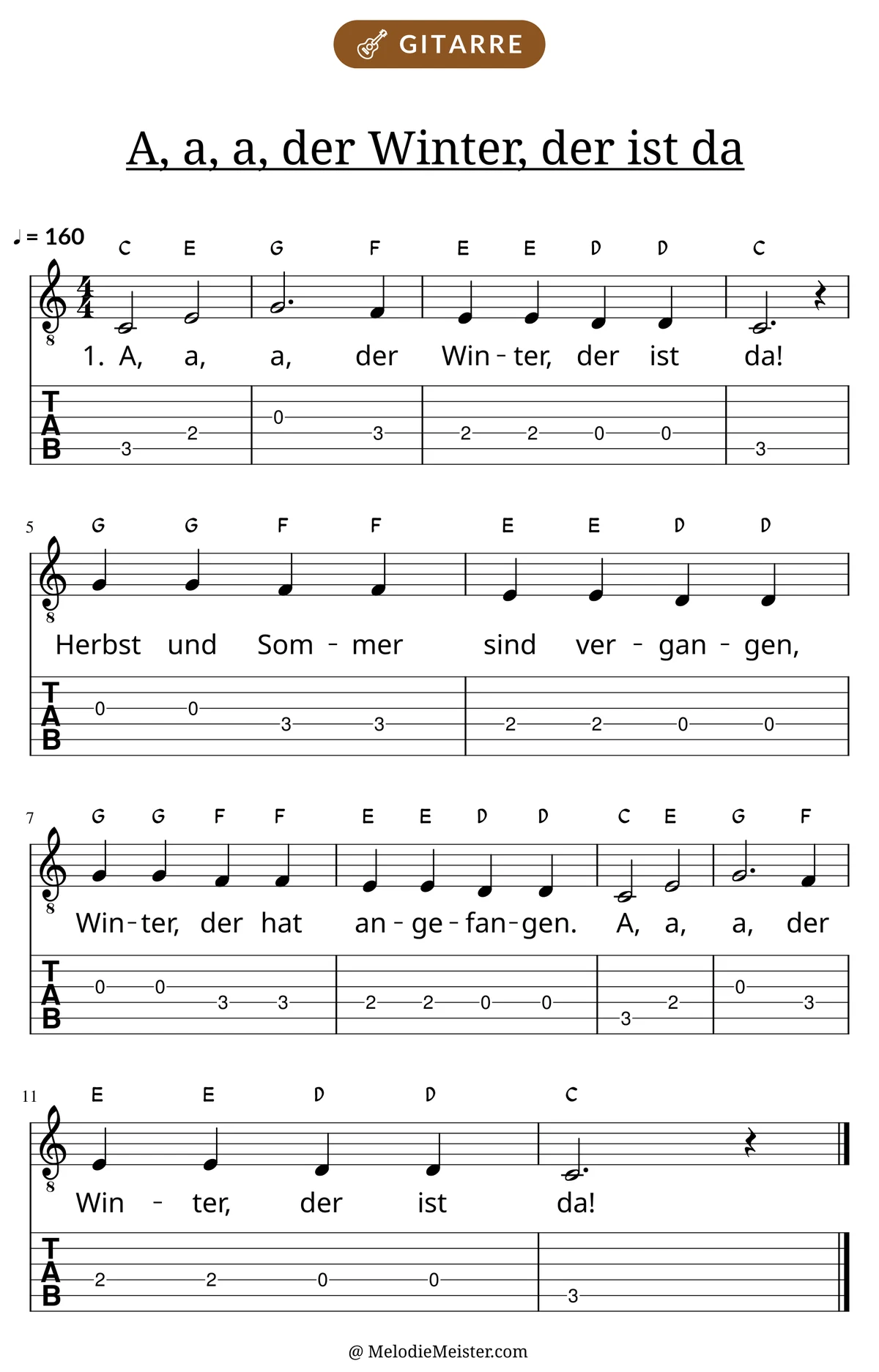 Notenblatt „A, a, a, der Winter, der ist da“ für Gitarre: Melodie mit Buchstaben über den Noten, darunter der Liedtext der 1. Strophe und die Gitarren-Tabulatur mit Bundzahlen.