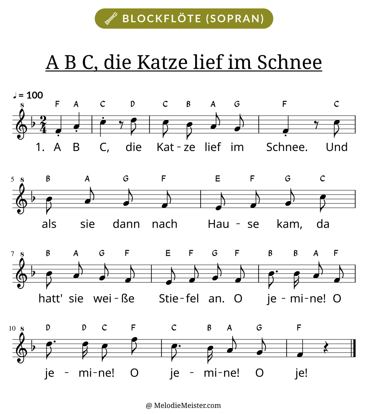 Notenblatt „A B C, die Katze lief im Schnee“ für Blockflöte: Melodie mit Buchstaben über den Noten, darunter der Liedtext der 1. Strophe.