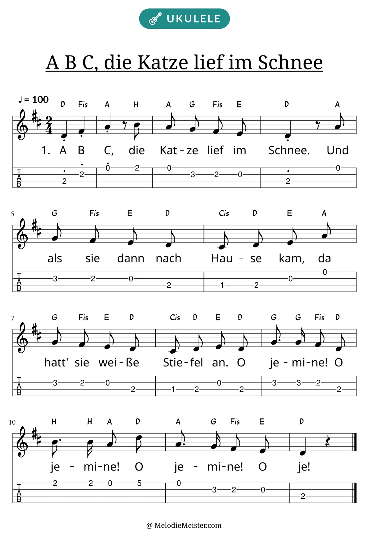 Notenblatt „A B C, die Katze lief im Schnee“ für Ukulele: Melodie mit Buchstaben über den Noten, darunter der Liedtext der 1. Strophe und die Ukulele-Tabulatur mit Bundzahlen.