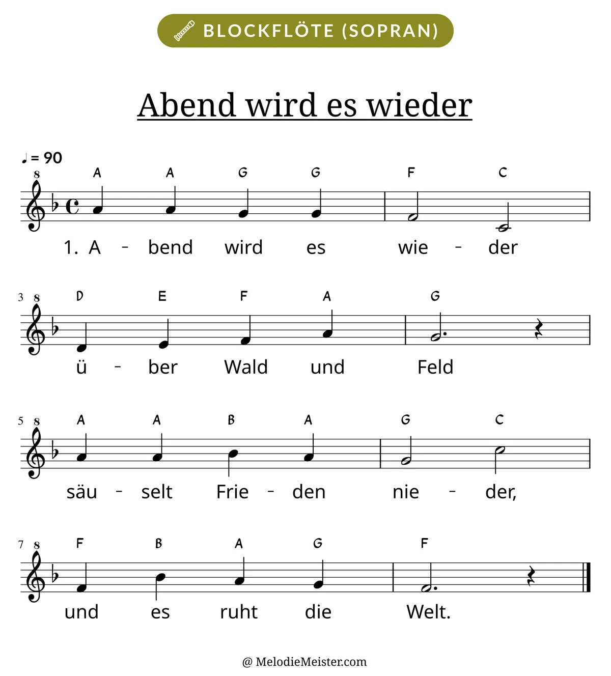 Notenblatt „Abend wird es wieder“ für Blockflöte: Melodie mit Buchstaben über den Noten, darunter der Liedtext der 1. Strophe.