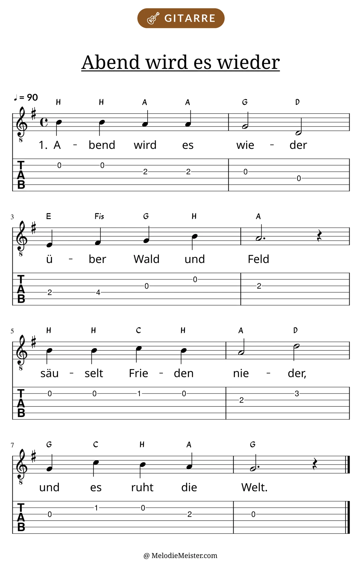 Notenblatt „Abend wird es wieder“ für Gitarre: Melodie mit Buchstaben über den Noten, darunter der Liedtext der 1. Strophe und die Gitarren-Tabulatur mit Bundzahlen.