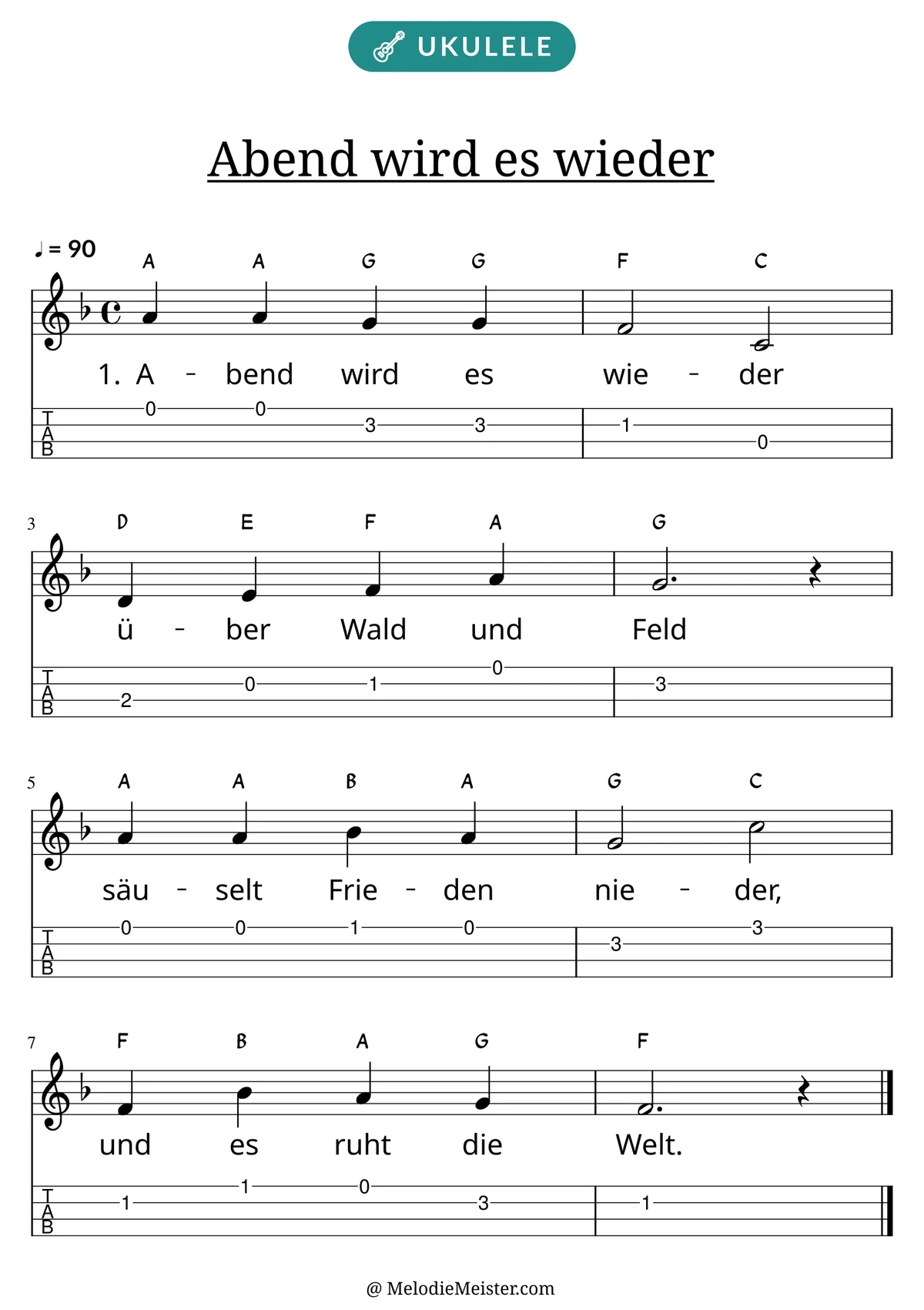 Notenblatt „Abend wird es wieder“ für Ukulele: Melodie mit Buchstaben über den Noten, darunter der Liedtext der 1. Strophe und die Ukulele-Tabulatur mit Bundzahlen.