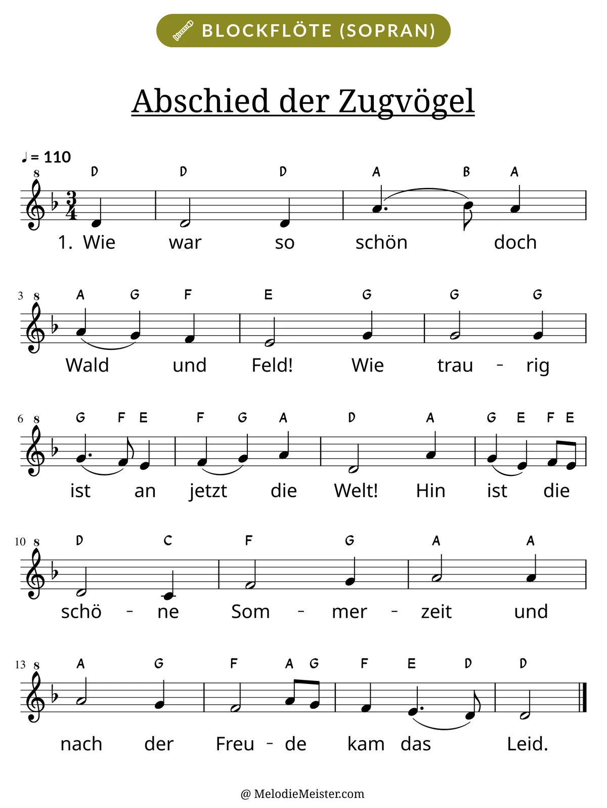 Notenblatt „Abschied der Zugvögel“ für Blockflöte: Melodie mit Buchstaben über den Noten, darunter der Liedtext der 1. Strophe.