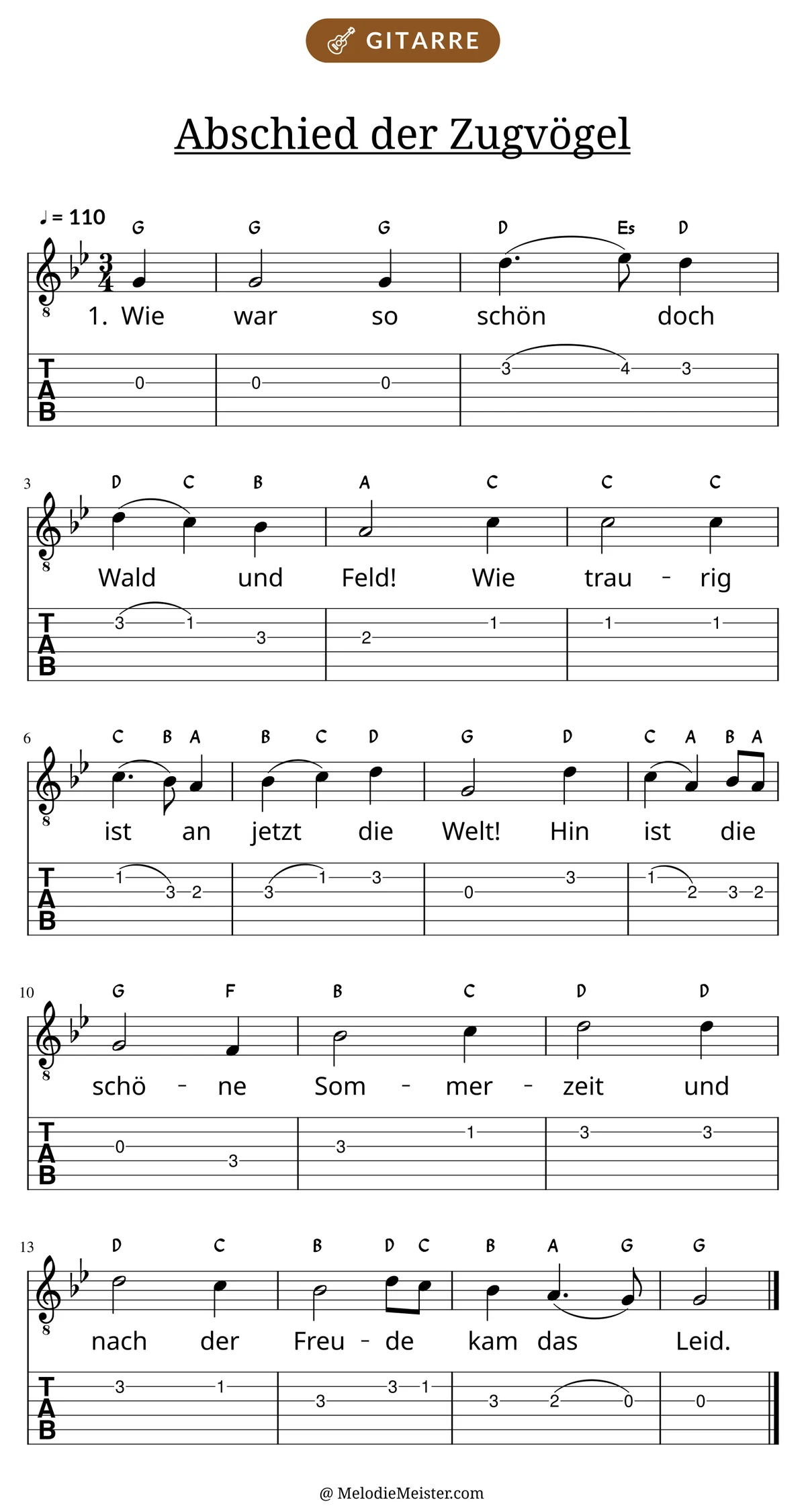 Notenblatt „Abschied der Zugvögel“ für Gitarre: Melodie mit Buchstaben über den Noten, darunter der Liedtext der 1. Strophe und die Gitarren-Tabulatur mit Bundzahlen.