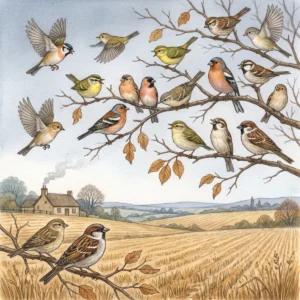 Viele kleine Vögel – Buchfinken, Meisen und Spatzen – sitzen auf herbstlichen Zweigen über abgeernteten Feldern und einem Bauernhaus.