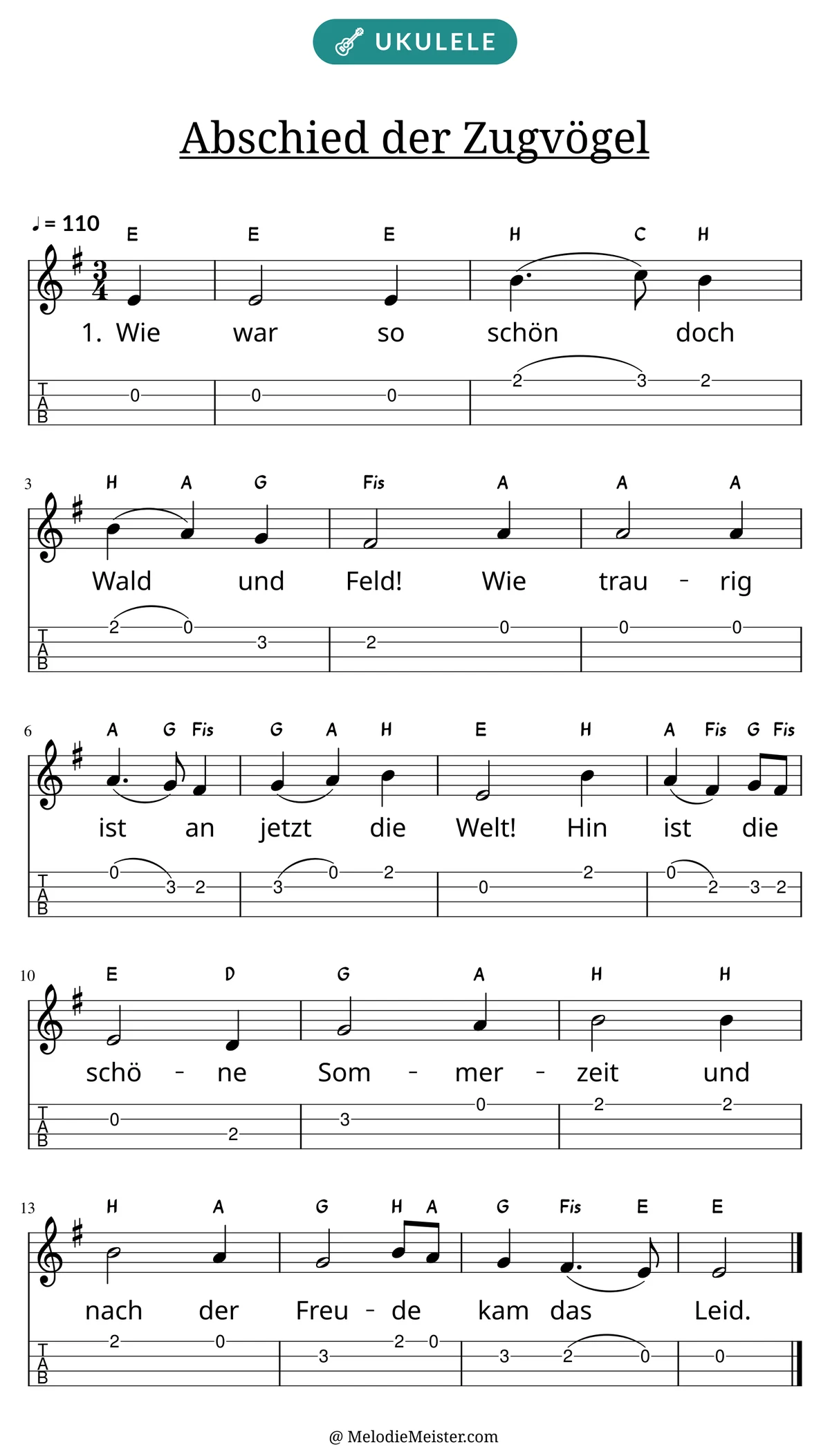 Notenblatt „Abschied der Zugvögel“ für Ukulele: Melodie mit Buchstaben über den Noten, darunter der Liedtext der 1. Strophe und die Ukulele-Tabulatur mit Bundzahlen.