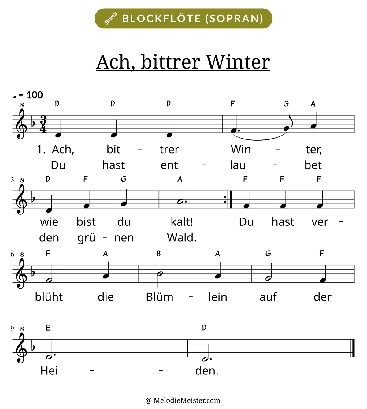Notenblatt „Ach, bittrer Winter“ für Blockflöte: Melodie mit Buchstaben über den Noten, darunter der Liedtext der ersten beiden Strophen.