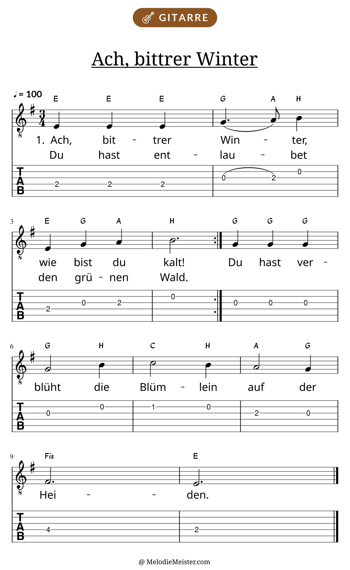 Notenblatt „Ach, bittrer Winter“ für Gitarre: Melodie mit Buchstaben über den Noten, darunter der Liedtext der ersten beiden Strophen und die Gitarren-Tabulatur mit Bundzahlen.
