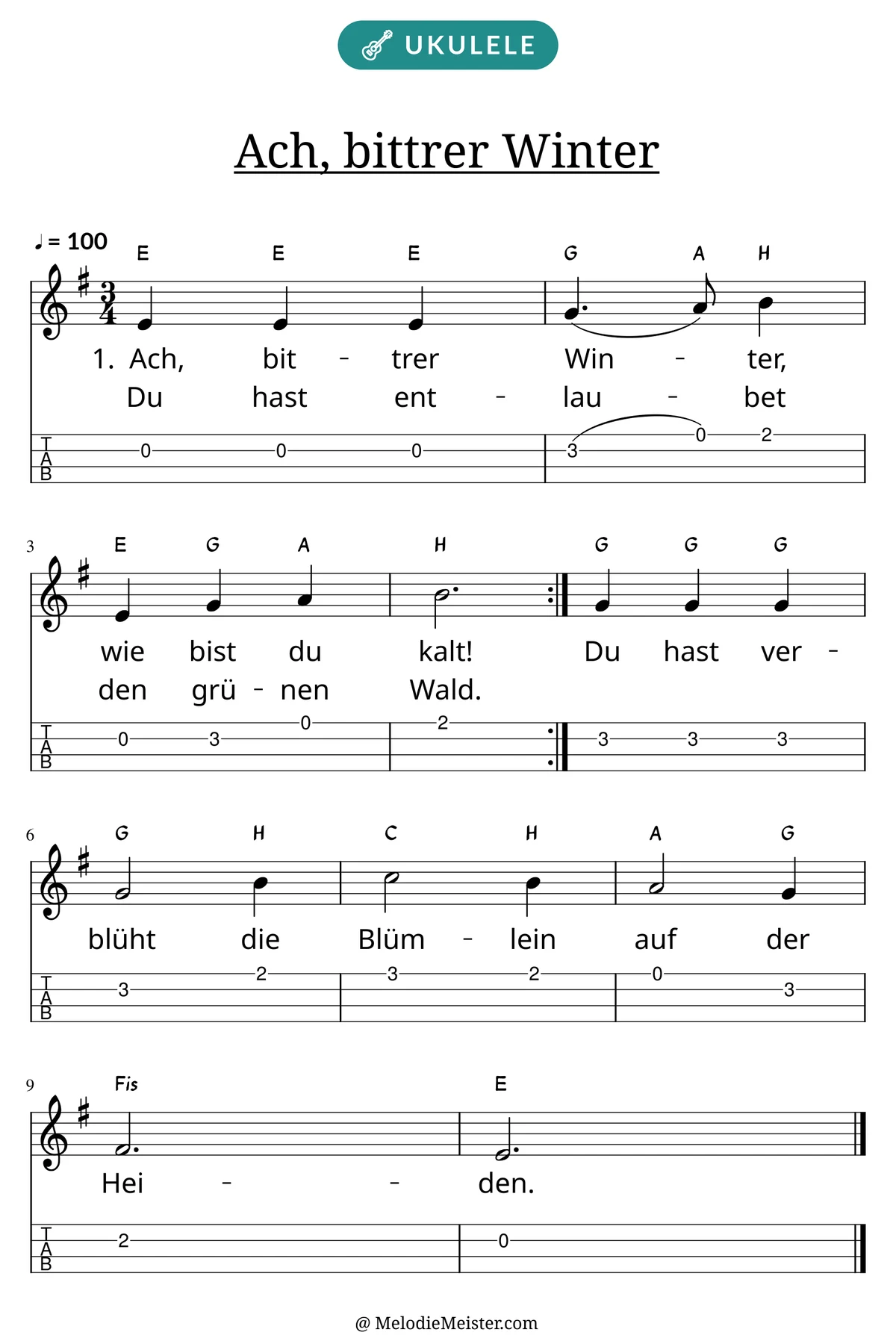 Notenblatt „Ach, bittrer Winter“ für Ukulele: Melodie mit Buchstaben über den Noten, darunter der Liedtext der ersten beiden Strophen und die Ukulele-Tabulatur mit Bundzahlen.
