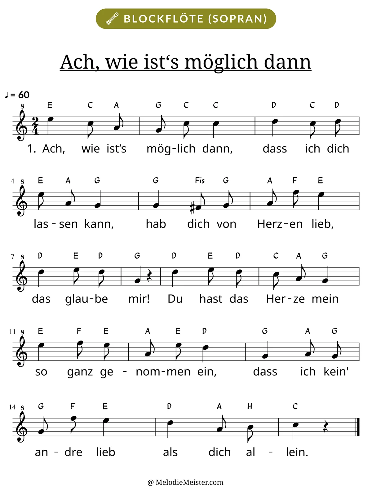 Notenblatt „Ach, wie ist‘s möglich dann“ für Blockflöte: Melodie mit Buchstaben über den Noten, darunter der Liedtext der 1. Strophe.
