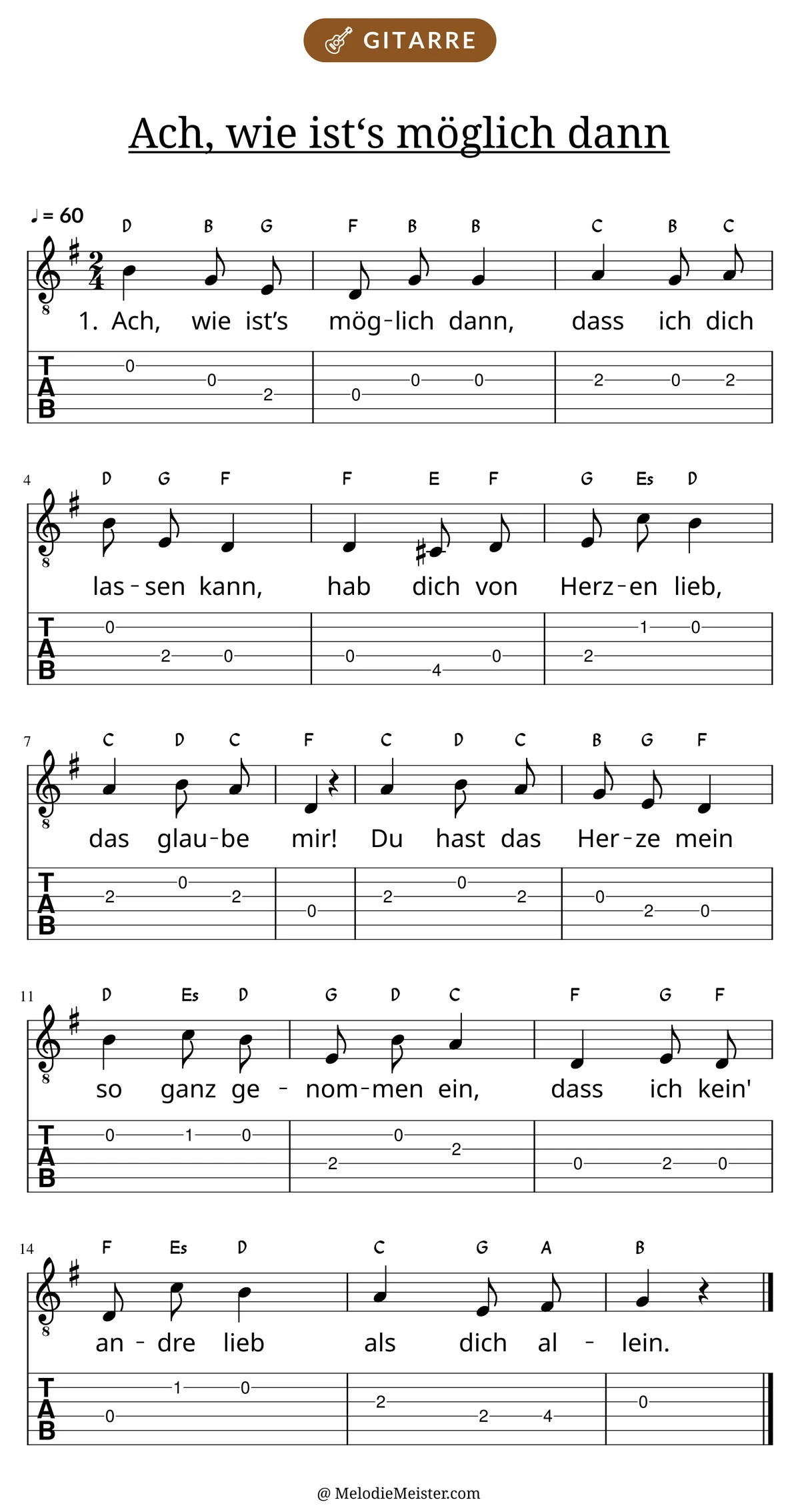 Notenblatt „Ach, wie ist‘s möglich dann“ für Gitarre: Melodie mit Buchstaben über den Noten, darunter der Liedtext der 1. Strophe und die Gitarren-Tabulatur mit Bundzahlen.