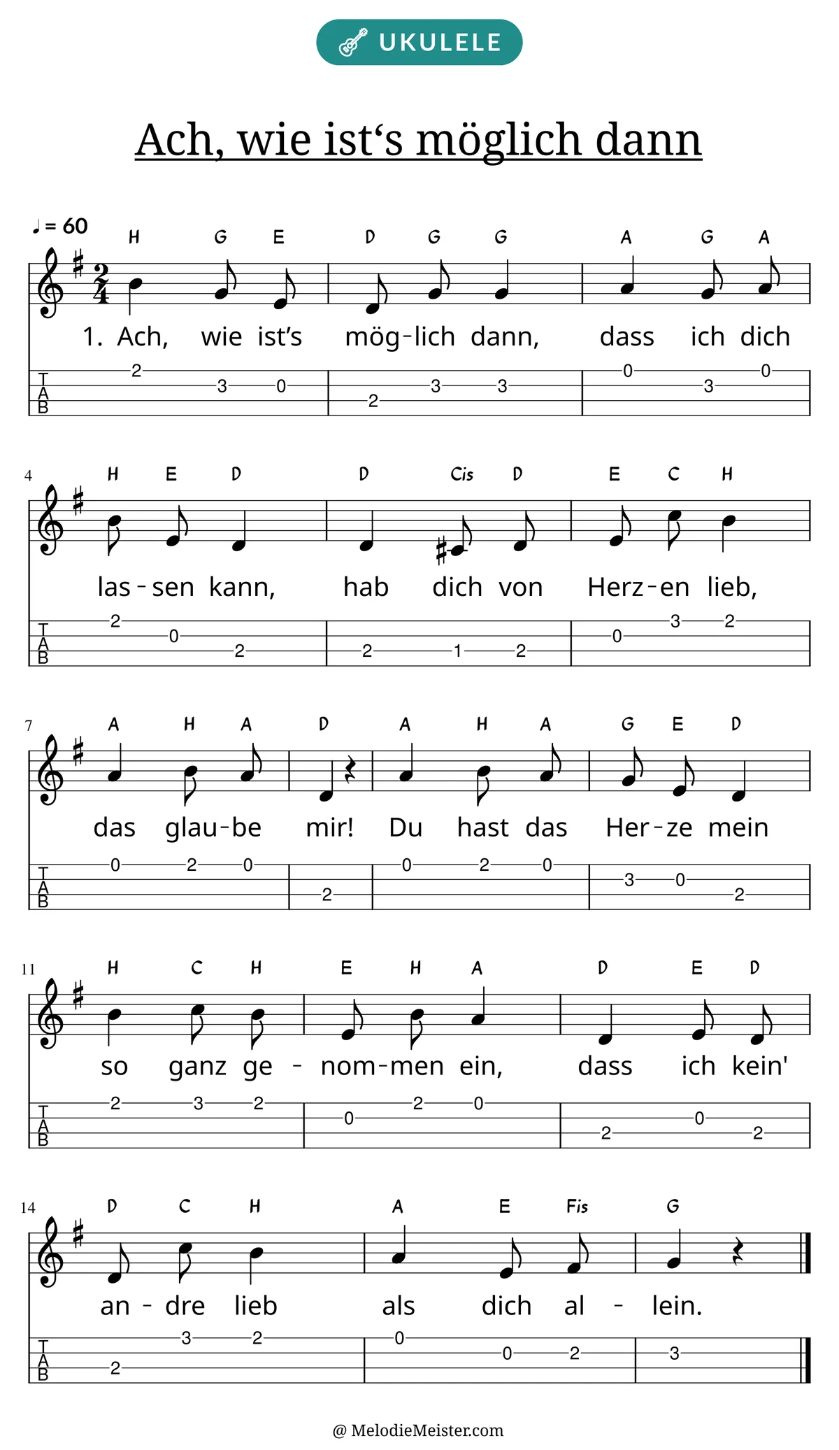 Notenblatt „Ach, wie ist‘s möglich dann“ für Ukulele: Melodie mit Buchstaben über den Noten, darunter der Liedtext der 1. Strophe und die Ukulele-Tabulatur mit Bundzahlen.