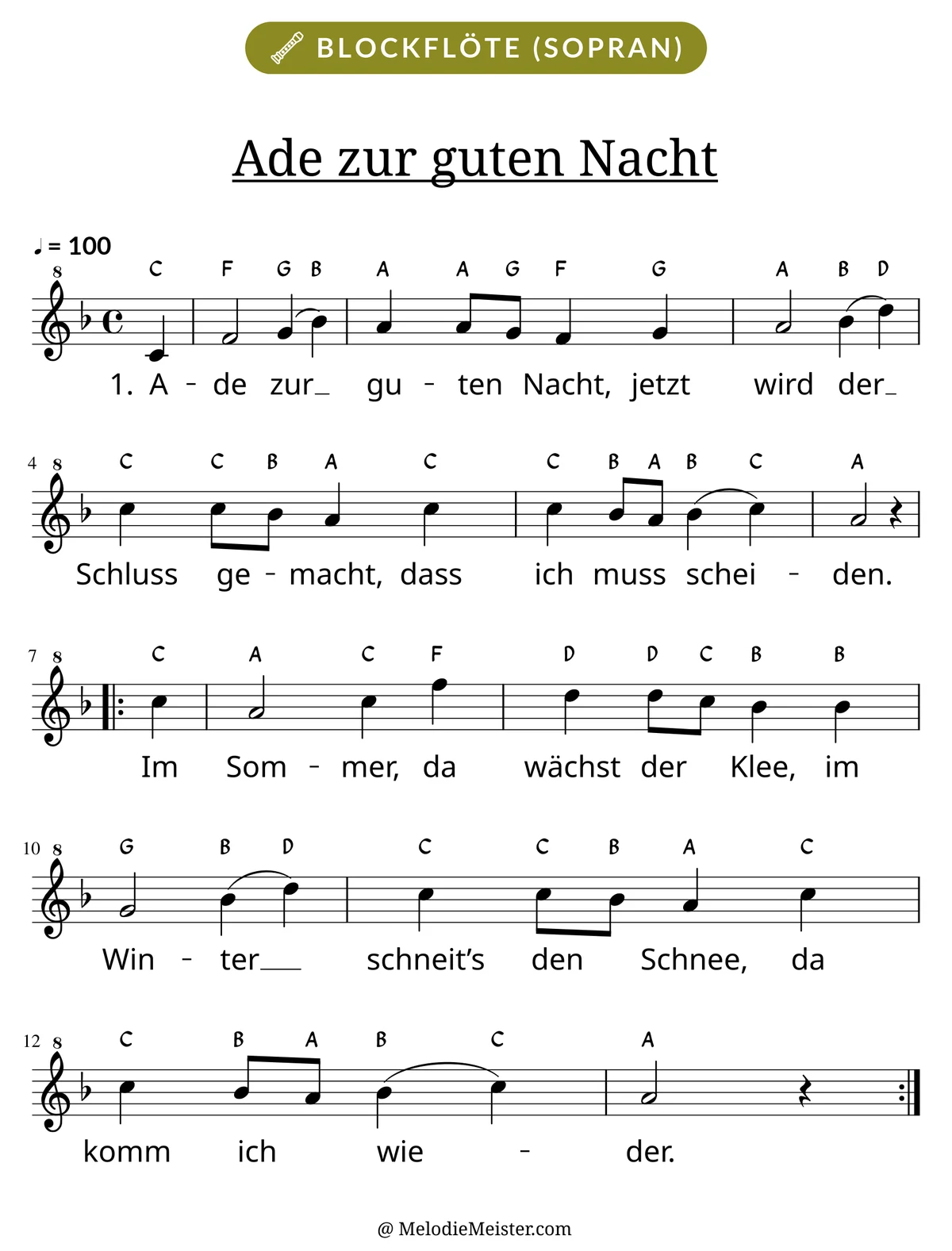 Notenblatt „Ade zur guten Nacht“ für Blockflöte: Melodie mit Buchstaben über den Noten, darunter der Liedtext der 1. Strophe.