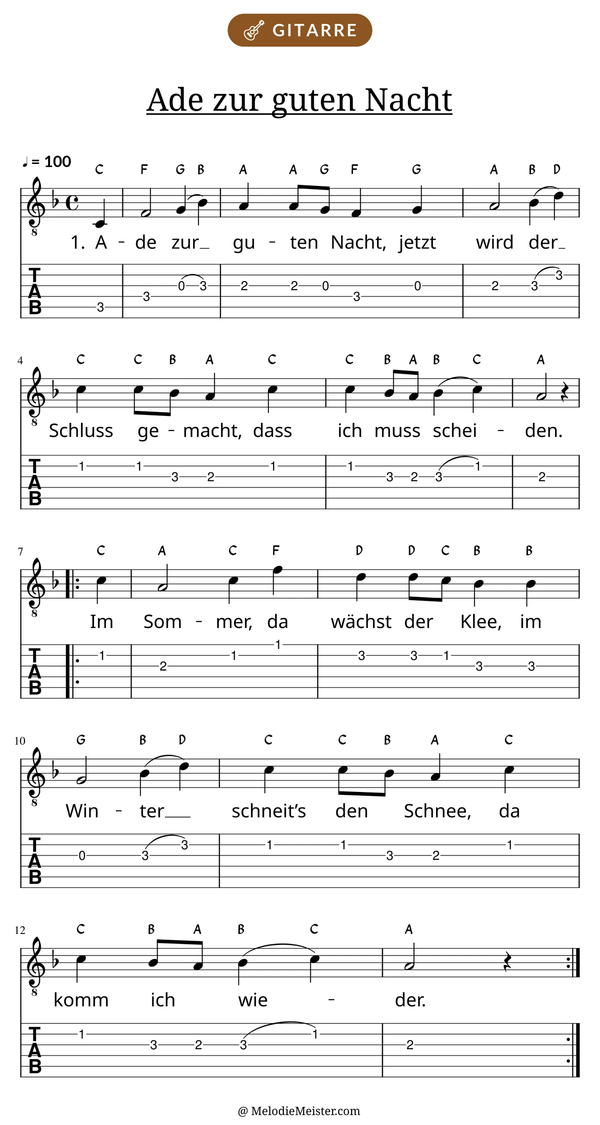 Notenblatt „Ade zur guten Nacht“ für Gitarre: Melodie mit Buchstaben über den Noten, darunter der Liedtext der 1. Strophe und die Gitarren-Tabulatur mit Bundzahlen.