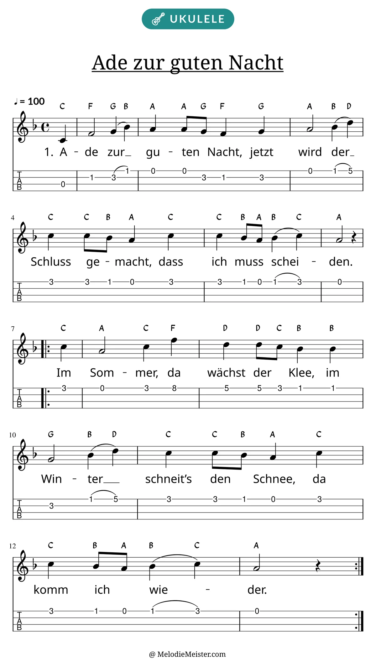 Notenblatt „Ade zur guten Nacht“ für Ukulele: Melodie mit Buchstaben über den Noten, darunter der Liedtext der 1. Strophe und die Ukulele-Tabulatur mit Bundzahlen.