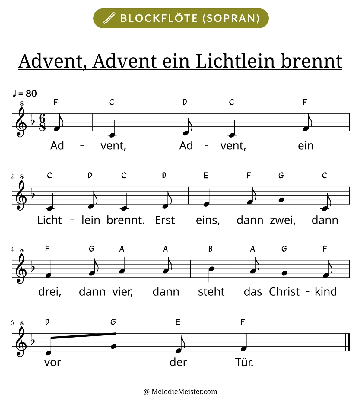 Notenblatt „Advent, Advent ein Lichtlein brennt“ für Blockflöte: Melodie mit Buchstaben über den Noten, darunter der Liedtext.
