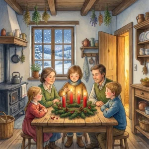 Eine Familie sitzt in einer gemütlichen Stube um einen Adventskranz mit roten Kerzen, draußen vor dem Fenster schneit es.