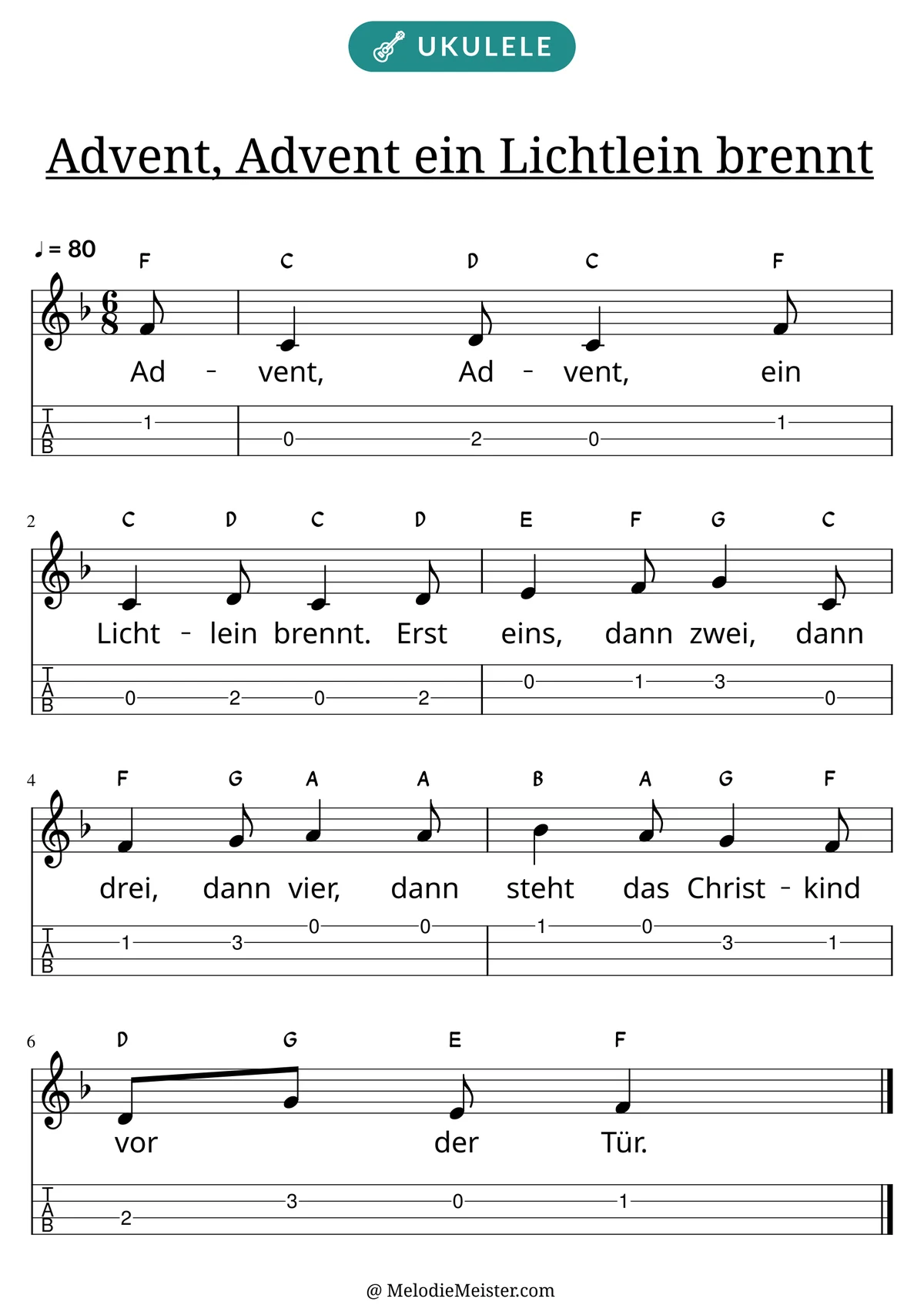 Notenblatt „Advent, Advent ein Lichtlein brennt“ für Ukulele: Melodie mit Buchstaben über den Noten, darunter der Liedtext und die Ukulele-Tabulatur mit Bundzahlen.