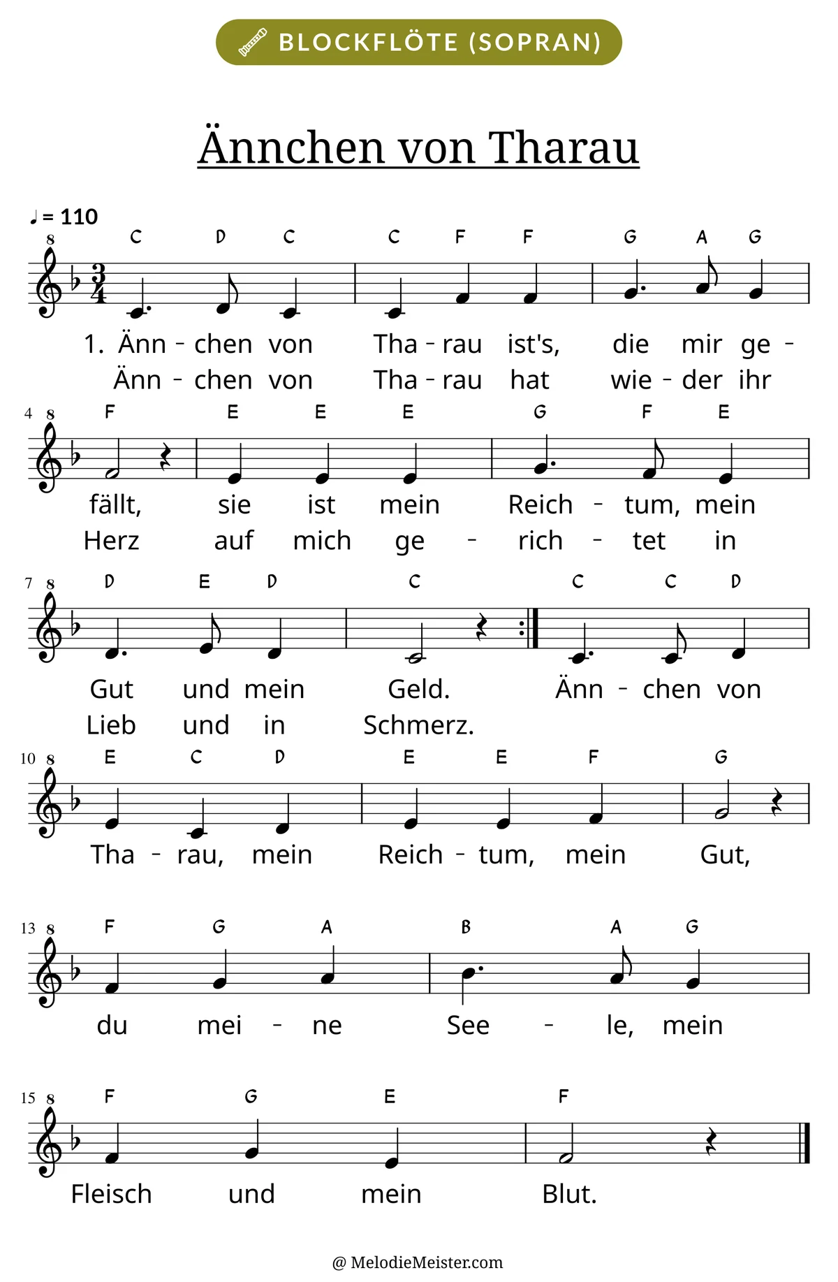 Notenblatt „Ännchen von Tharau“ für Blockflöte: Melodie mit Buchstaben über den Noten, darunter der Liedtext der ersten beiden Strophen.