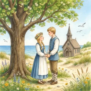 Ein junges Paar in alter Festtracht hält sich unter einer großen Linde an den Händen, dahinter eine kleine Holzkirche, Dünen und das Meer.