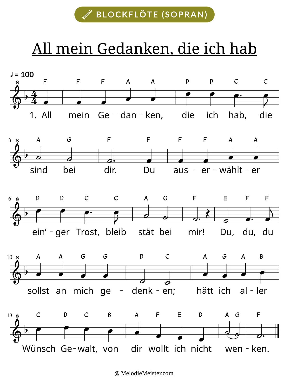 Notenblatt „All mein Gedanken, die ich hab“ für Blockflöte: Melodie mit Buchstaben über den Noten, darunter der Liedtext der 1. Strophe.