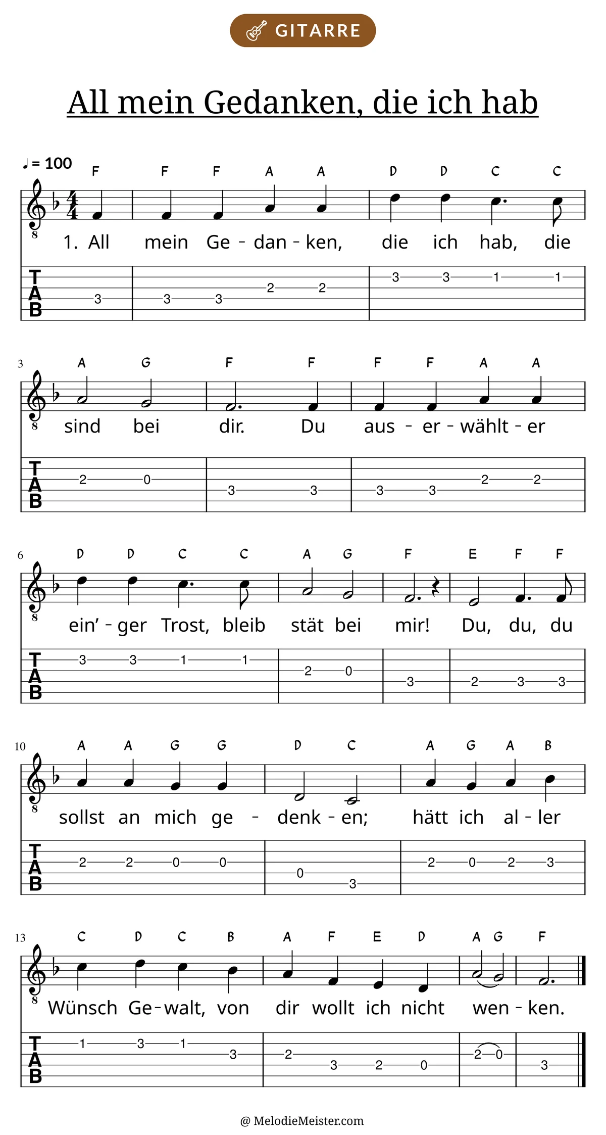 Notenblatt „All mein Gedanken, die ich hab“ für Gitarre: Melodie mit Buchstaben über den Noten, darunter der Liedtext der 1. Strophe und die Gitarren-Tabulatur mit Bundzahlen.