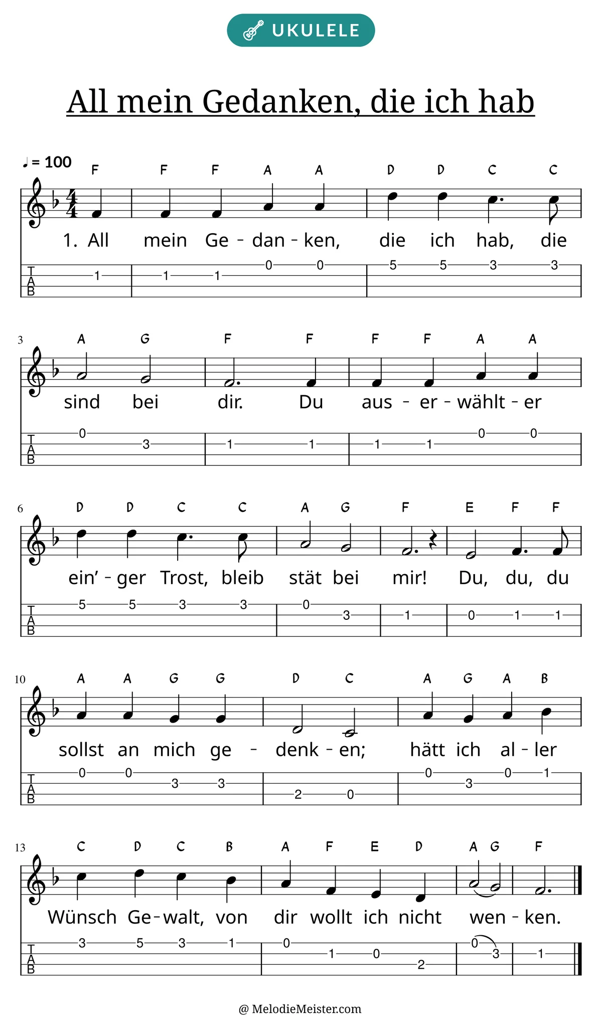 Notenblatt „All mein Gedanken, die ich hab“ für Ukulele: Melodie mit Buchstaben über den Noten, darunter der Liedtext der 1. Strophe und die Ukulele-Tabulatur mit Bundzahlen.
