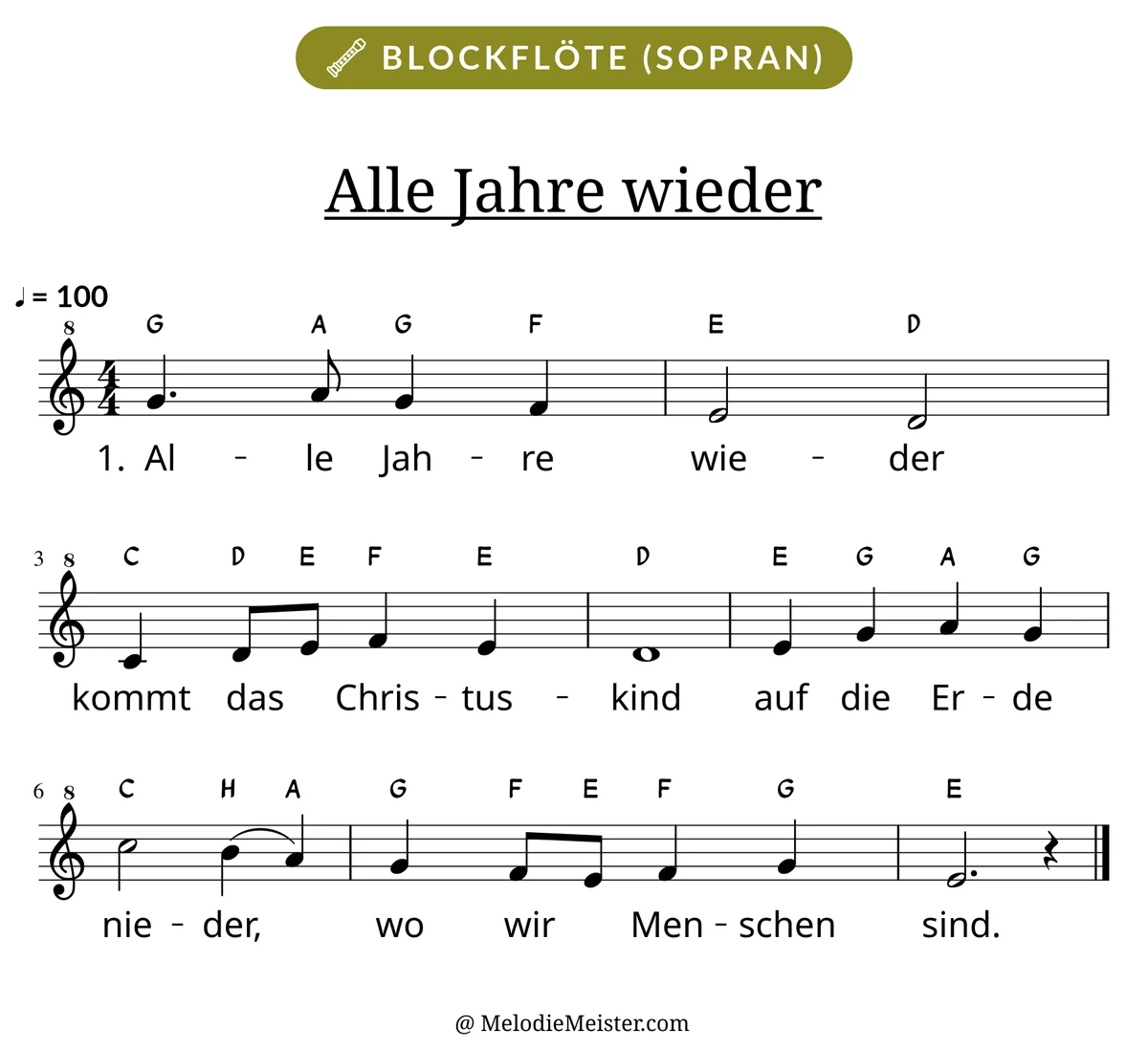 Notenblatt „Alle Jahre wieder“ für Blockflöte: Melodie mit Buchstaben über den Noten, darunter der Liedtext der 1. Strophe.