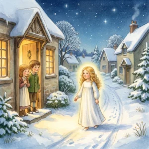 Das Christkind, ein Mädchen mit goldenen Locken im weißen Kleid, geht leuchtend durch eine verschneite Dorfgasse, Kinder schauen staunend aus einer offenen Haustür.