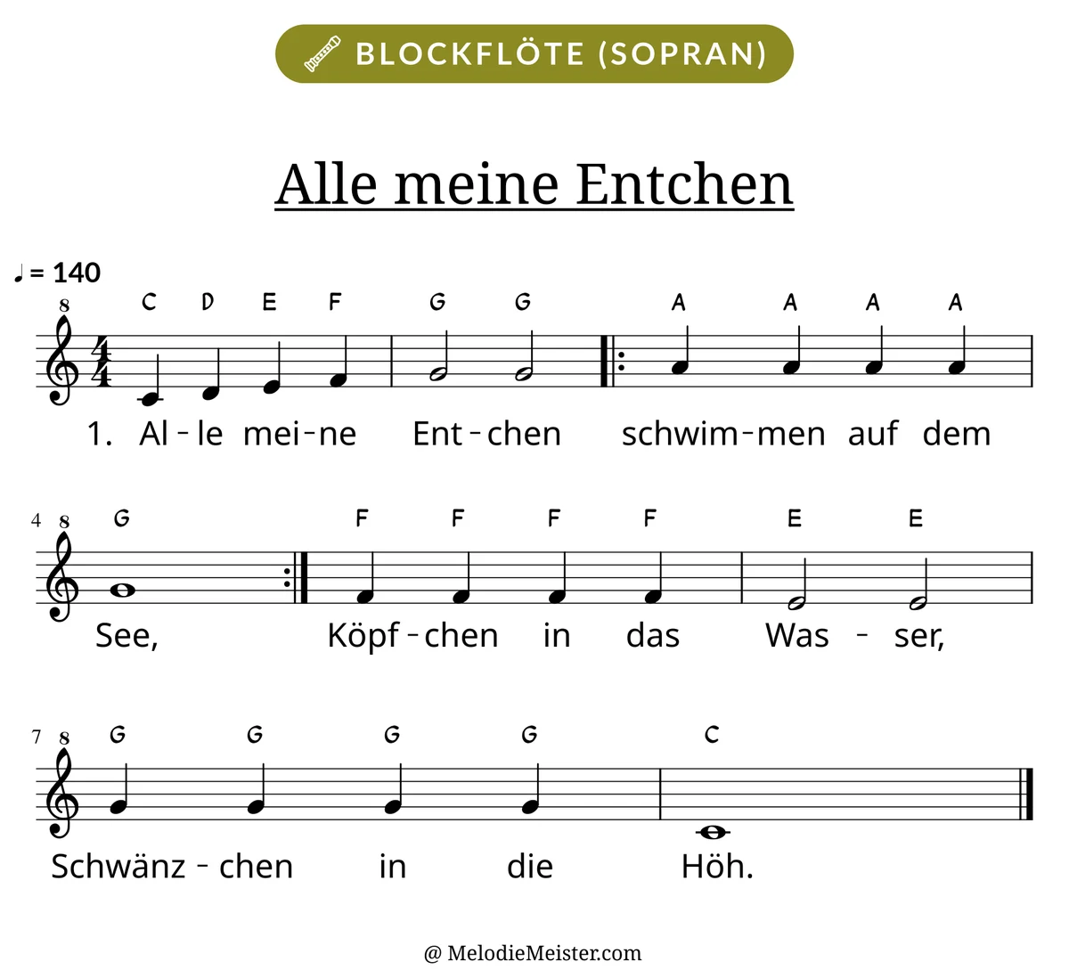 Notenblatt „Alle meine Entchen“ für Blockflöte: Melodie mit Buchstaben über den Noten, darunter der Liedtext der 1. Strophe.
