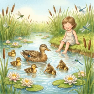 Eine Entenmutter schwimmt mit ihren Küken auf einem sonnigen Teich mit Seerosen, ein Mädchen sitzt am Ufer und hält die Füße ins Wasser, Libellen fliegen.