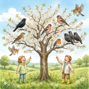 In einem weiß blühenden Kirschbaum sitzen viele Singvögel – Amseln, Finken, ein Rotkehlchen –, darunter zeigen zwei Kinder lachend hinauf.