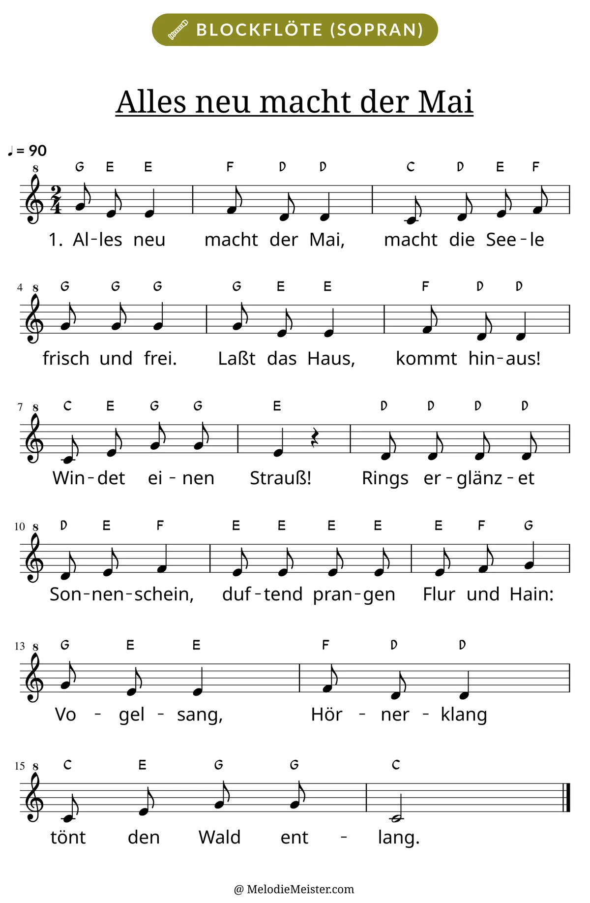 Notenblatt „Alles neu macht der Mai“ für Blockflöte: Melodie mit Buchstaben über den Noten, darunter der Liedtext der 1. Strophe.