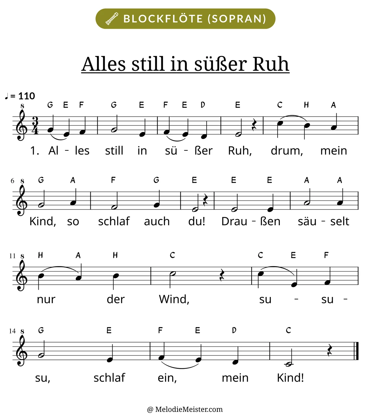Notenblatt „Alles still in süßer Ruh“ für Blockflöte: Melodie mit Buchstaben über den Noten, darunter der Liedtext der 1. Strophe.