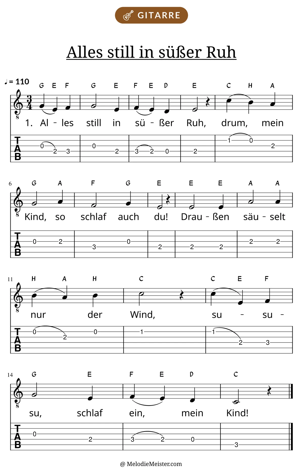 Notenblatt „Alles still in süßer Ruh“ für Gitarre: Melodie mit Buchstaben über den Noten, darunter der Liedtext der 1. Strophe und die Gitarren-Tabulatur mit Bundzahlen.