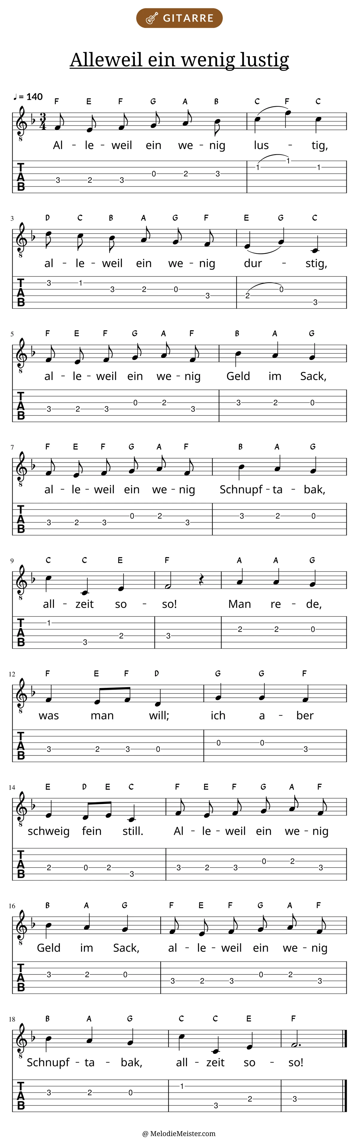 Notenblatt „Alleweil ein wenig lustig“ für Gitarre: Melodie mit Buchstaben über den Noten, darunter der Liedtext und die Gitarren-Tabulatur mit Bundzahlen.