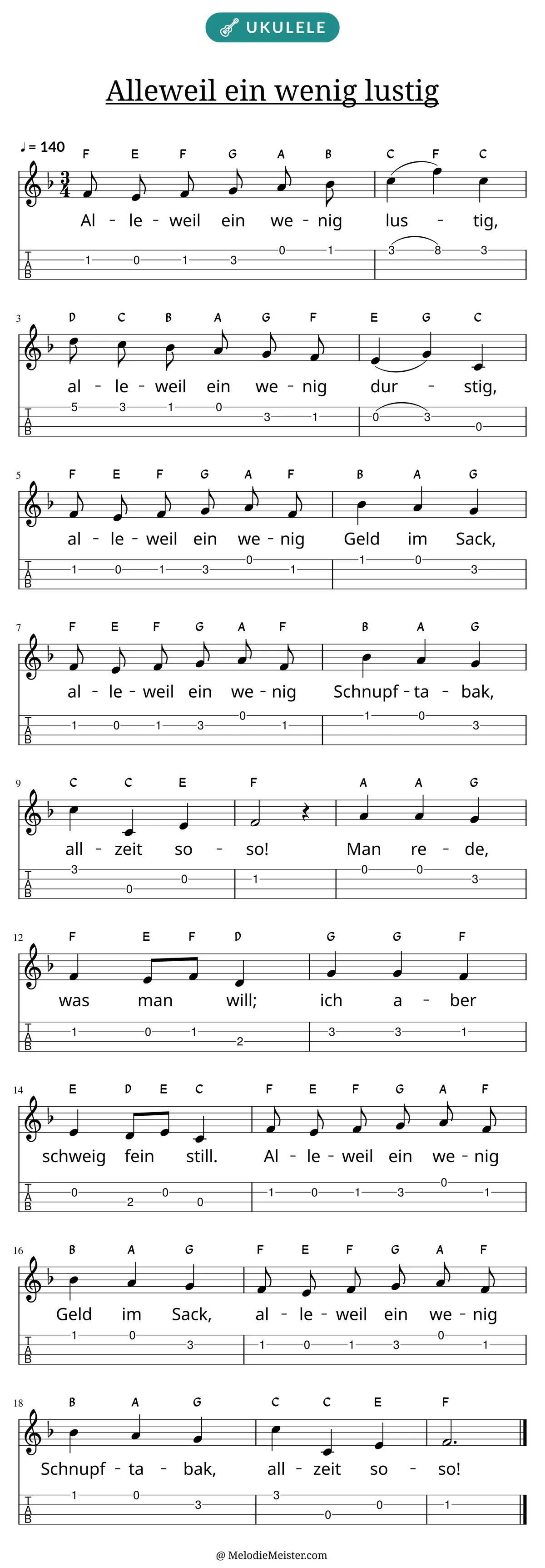 Notenblatt „Alleweil ein wenig lustig“ für Ukulele: Melodie mit Buchstaben über den Noten, darunter der Liedtext und die Ukulele-Tabulatur mit Bundzahlen.