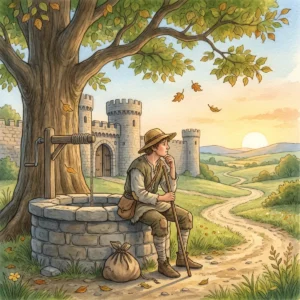 Ein junger Wanderer sitzt nachdenklich am Rand eines alten Steinbrunnens unter einer großen Linde vor einem Stadttor, der Weg führt in die Abendlandschaft.