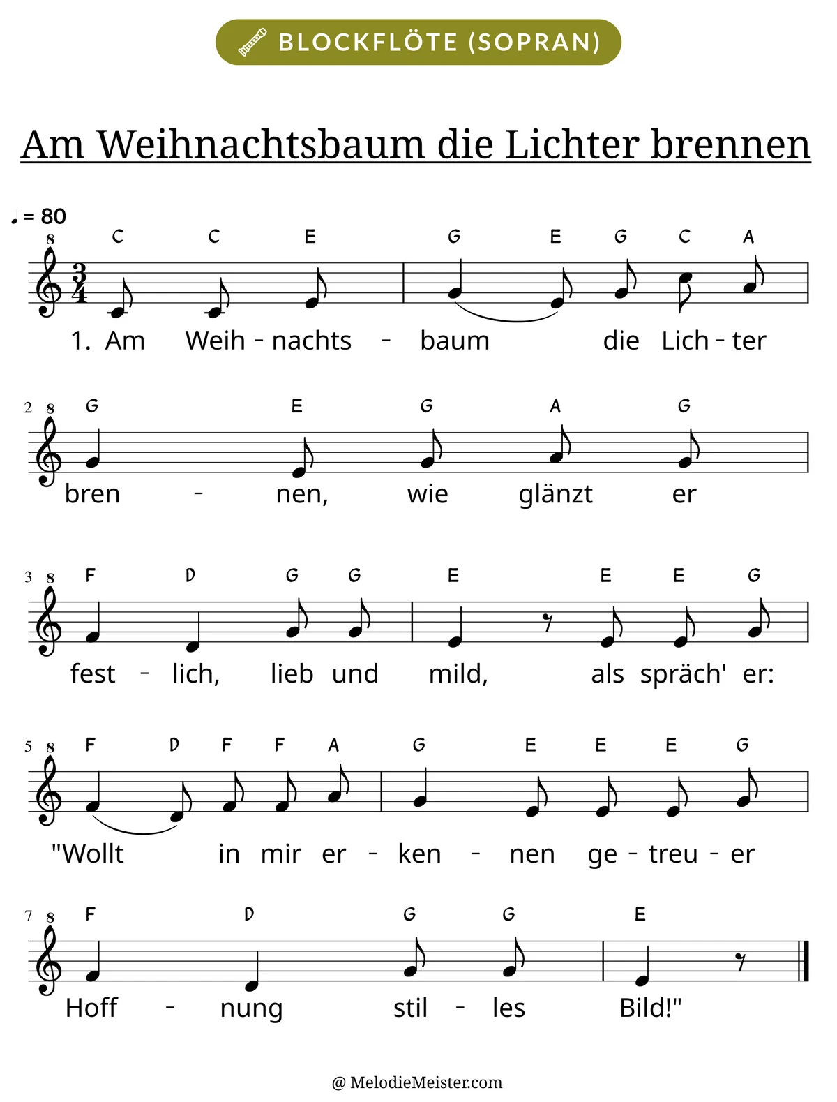 Notenblatt „Am Weihnachtsbaum die Lichter brennen“ für Blockflöte: Melodie mit Buchstaben über den Noten, darunter der Liedtext der 1. Strophe.