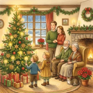 Eine Familie mit Großeltern steht in der Stube vor einem Weihnachtsbaum mit brennenden Kerzen und Strohsternen, zwei Kinder schauen staunend hinauf, darunter liegen Geschenke.