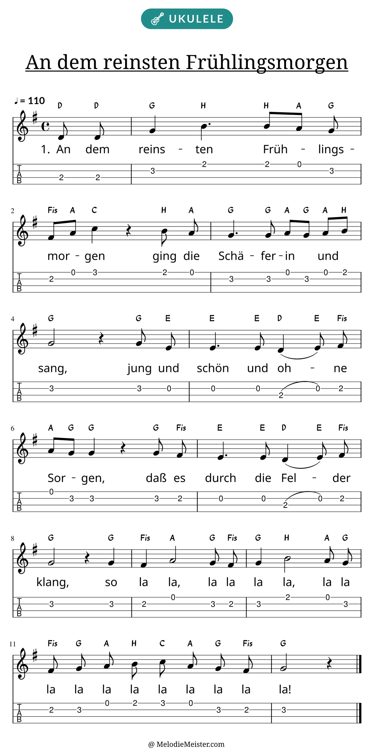 Notenblatt „An dem reinsten Frühlingsmorgen“ für Ukulele: Melodie mit Buchstaben über den Noten, darunter der Liedtext der 1. Strophe und die Ukulele-Tabulatur mit Bundzahlen.