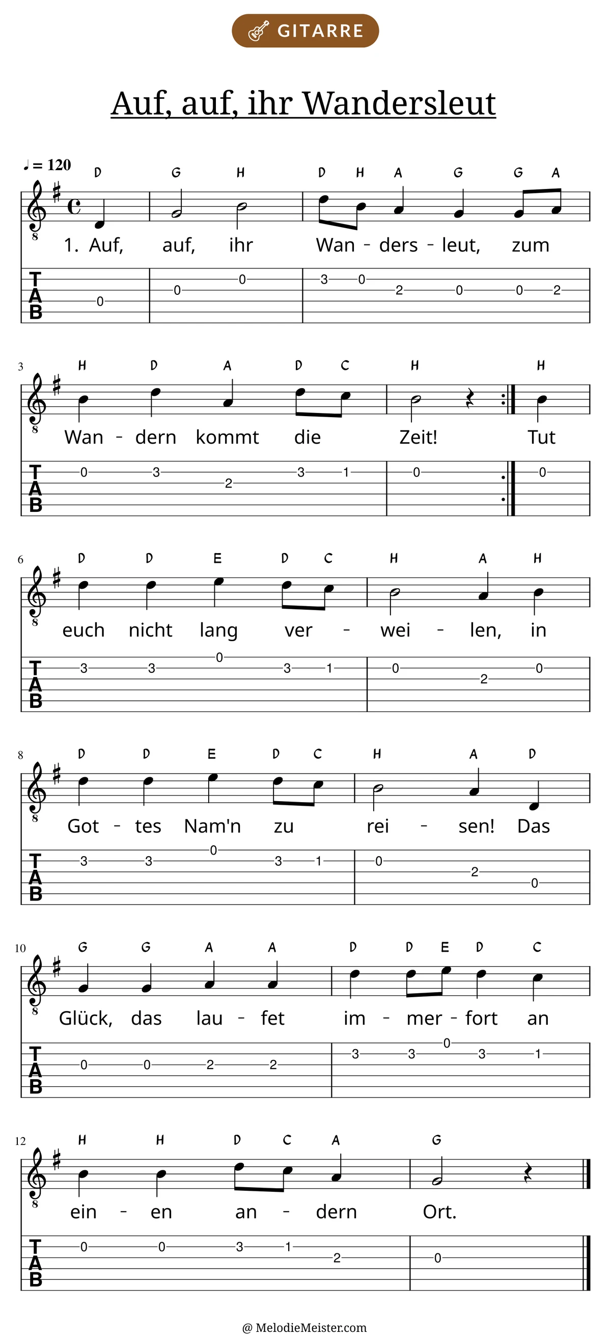 Notenblatt „Auf, auf, ihr Wandersleut“ für Gitarre: Melodie mit Buchstaben über den Noten, darunter der Liedtext der 1. Strophe und die Gitarren-Tabulatur mit Bundzahlen.