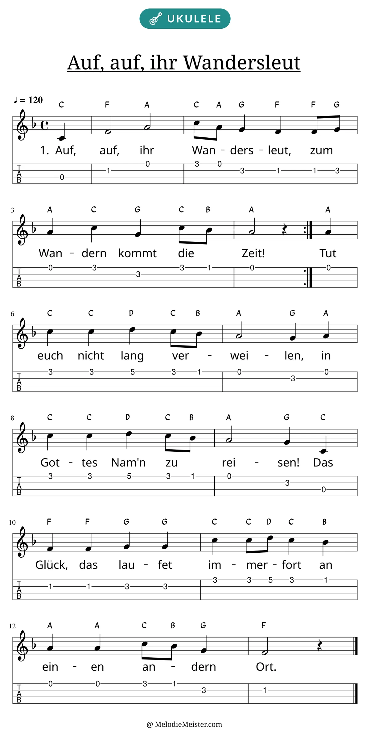 Notenblatt „Auf, auf, ihr Wandersleut“ für Ukulele: Melodie mit Buchstaben über den Noten, darunter der Liedtext der 1. Strophe und die Ukulele-Tabulatur mit Bundzahlen.