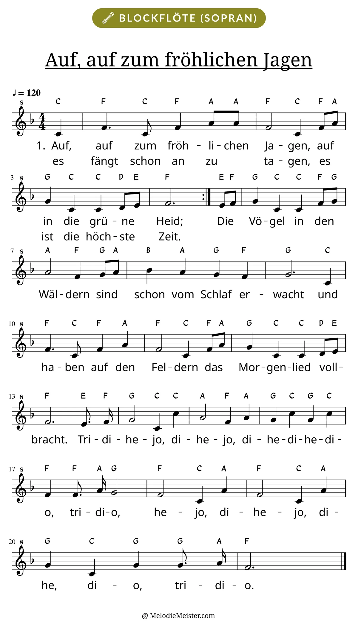 Notenblatt „Auf, auf zum fröhlichen Jagen“ für Blockflöte: Melodie mit Buchstaben über den Noten, darunter der Liedtext der ersten beiden Strophen.