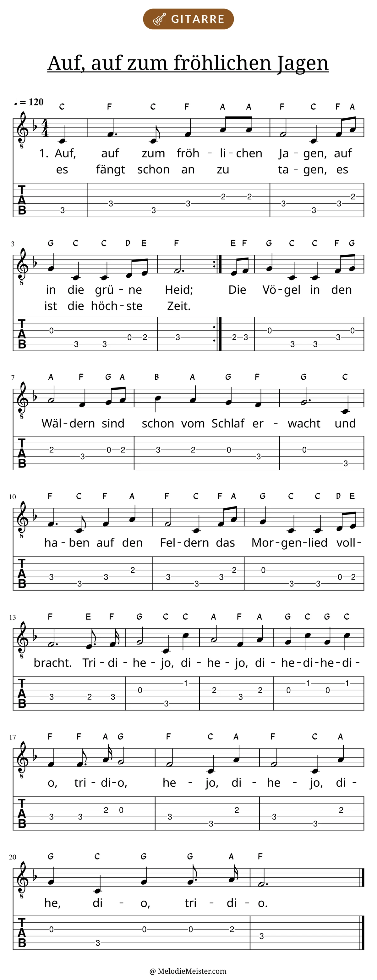 Notenblatt „Auf, auf zum fröhlichen Jagen“ für Gitarre: Melodie mit Buchstaben über den Noten, darunter der Liedtext der ersten beiden Strophen und die Gitarren-Tabulatur mit Bundzahlen.