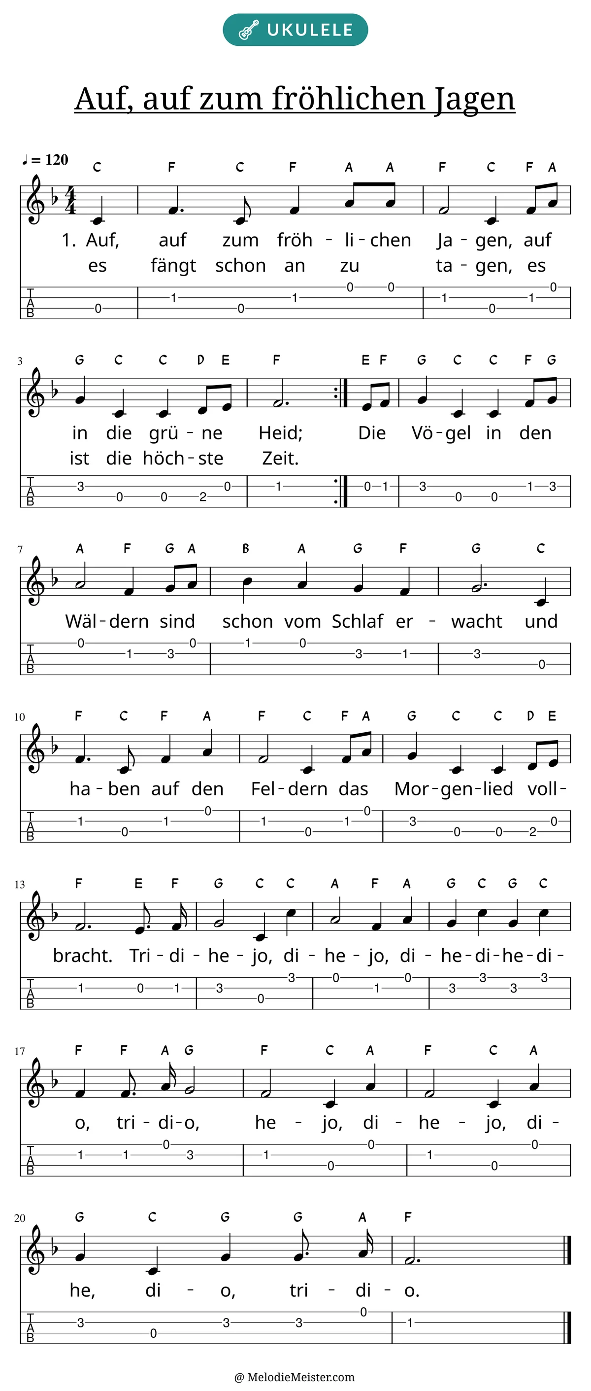 Notenblatt „Auf, auf zum fröhlichen Jagen“ für Ukulele: Melodie mit Buchstaben über den Noten, darunter der Liedtext der ersten beiden Strophen und die Ukulele-Tabulatur mit Bundzahlen.